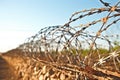 detailed view of barbed wire fence at a border crossing point