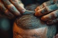 Close-up of a barber\'s skilled hands crafting a perfect hairstyle