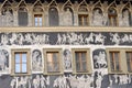 A detailed view of the beautiful House at the Minute on the right, located near the Old Town Square in Prague,