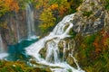 Detailed view of the beautiful waterfalls in the sunshine in Plitvice National Park, Croatia Royalty Free Stock Photo