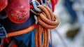 Detailed view of belay device and rope setup ready for descent Royalty Free Stock Photo