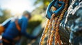 Detailed view of belay device and rope setup ready for descent Royalty Free Stock Photo
