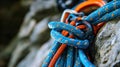 Detailed view of belay device and rope setup ready for descent Royalty Free Stock Photo
