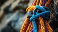 Detailed view of belay device and rope setup ready for descent Royalty Free Stock Photo