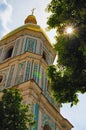 Detailed view of belfry of Saint Sophia Cathedral. UNESCO World Heritage Site. Tree leaves border. Natural frame