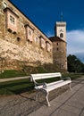 Detailed view of a bench in front of lookout tower Grajski stolp right next to Ljubljana Castle Ljubljanski grad Royalty Free Stock Photo