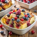 Close-up of Berry Bread Pudding in a White Bowl with Fresh Berries and Powdered Sugar raspberry Royalty Free Stock Photo