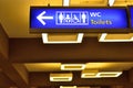 Detailed view of blue airport sign wc directions. Royalty Free Stock Photo