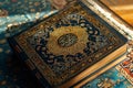 A detailed view of a book placed on a table, showcasing its cover and pages, Quranic verses beautifully illuminated, AI Generated