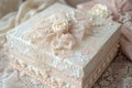 A detailed view of a box placed on a table, showing its size, shape, and materials, Feminine gift box with lace and pearl details