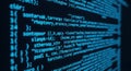 Detailed view of bright blue programming code on a dark screen, representing software development, coding, cybersecurity, and Royalty Free Stock Photo