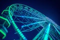 A detailed view of a brightly lit ferris wheel at night, showcasing its intricate structure and vibrant colors, A Ferris wheel