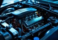 Close-up of a modern car engine with detailed mechanical components and sleek Royalty Free Stock Photo