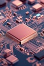 Detailed view of a central processing unit and intricate circuitry on a dark blue circuit board with glowing copper lines and Royalty Free Stock Photo