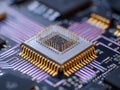 Detailed view of a central processing unit socket on a computer motherboard with intricate gold pins and surrounding circuit Royalty Free Stock Photo