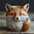 A detailed view of a ceramic cup featuring a fox face design Royalty Free Stock Photo