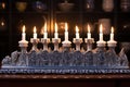 detailed view of a ceramic menorah with eight lit candles and one shammash