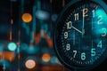 A detailed view of a clock with out-of-focus lights in the background, creating a blurred effect, Analog clock with numbers Royalty Free Stock Photo