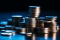 Detailed view of coin pile and stack, black background, blue filter