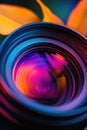 A detailed view of a colorful camera lens, suitable for use in technology or photography related concepts