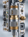 Detailed view of complex metallic mechanical and electronic components with gold and silver finishes showcasing precision Royalty Free Stock Photo
