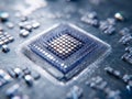 Detailed view of a complex microchip with numerous pins and components mounted on a circuit board showcasing advanced electronic Royalty Free Stock Photo