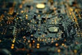 Detailed view of a computer circuit board with intricate patterns blending into chaos, Circuit board patterns melting into chaos Royalty Free Stock Photo