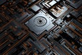 A detailed view of a computer circuit board up close, revealing intricate components and interconnections, Highly detailed Royalty Free Stock Photo