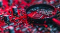 Detailed view of computer microchips examined under magnifying glass with space for text