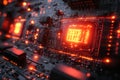 Close-up of a computer motherboard illuminated by vibrant orange lights. The intricate Royalty Free Stock Photo