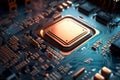 Detailed view, Computer processor embedded in motherboard up close. Royalty Free Stock Photo