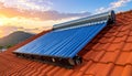 A detailed view of a contemporary solar water heating system featuring an array of striking blue evacuated tubes and a cylindrical Royalty Free Stock Photo
