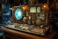 A detailed view of a control panel positioned on a desk, An intricate time machine console with numerous levers, buttons, and