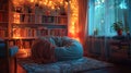 Detailed view of a cozy reading nook with a bean bag chair and fairy lights, providing a comf Royalty Free Stock Photo
