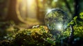 Detailed view of a crystal globe sat on moss in a forest - concept of the environment Royalty Free Stock Photo