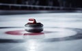 Detailed view of a curling stone at the central ring of the score house during a match