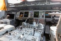 Detailed view of the dashboard and center console of the largest passenger aircraft Airbus A380
