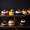 Detailed view of delicious cakes on display with dark background