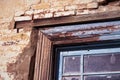 Detailed view derelict building window frame wall