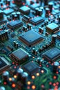 Detailed view of digital microprocessors and integrated circuits for computing and electronics. Royalty Free Stock Photo