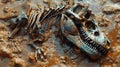 Detailed view of a dinosaur skeleton fossil embedded in rocky soil, showcasing ancient prehistoric life and fossilization process