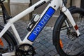 Detailed view of an electric battery-powered bicycle of the German police, E-Bike