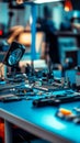 A detailed view of electronic components arranged on a workbench. Precision tools and gadgets create a creative Royalty Free Stock Photo