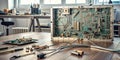 A detailed view of an electronic device undergoing repair on a wooden table in a workshop. Generative AI Royalty Free Stock Photo
