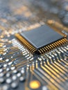 Detailed view of electronic microchip with gold connector pins soldered onto a complex printed circuit board reflecting light in a Royalty Free Stock Photo