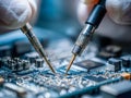 Detailed view of electronic testing probes contacting a printed circuit board during high-precision electronic component diagnosis Royalty Free Stock Photo