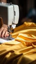 Detailed view Female hands sew yellow fabric with a modern sewing machine