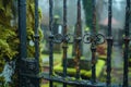 A detailed view of a fence covered in lush green moss, Rusty iron gate leading to a moss-covered tombstone, AI Generated Royalty Free Stock Photo