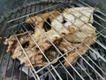 Detailed view of fish grilled over a burning coal fire, healthy and typically Mediterranean food Royalty Free Stock Photo