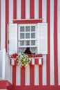 Detailed view of front facade window with flowers of typical Costa Nova beach house Royalty Free Stock Photo